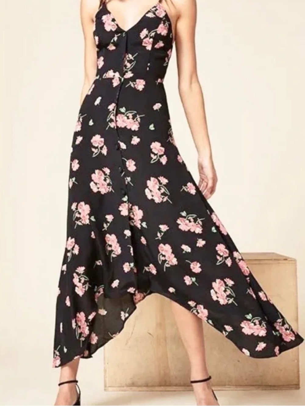 Reformation Black High-Low Slip Dress with Pink Floral Print